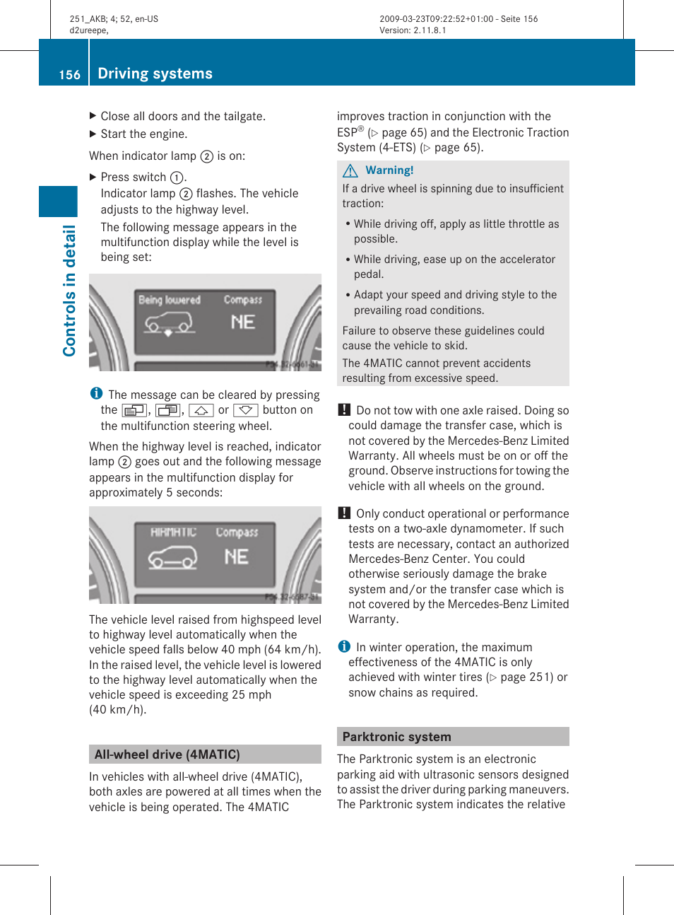 All-wheel drive (4matic), Parktronic system, Controls in detail | Driving systems | Mercedes-Benz R-Class 2010 Owners Manual User Manual | Page 158 / 364