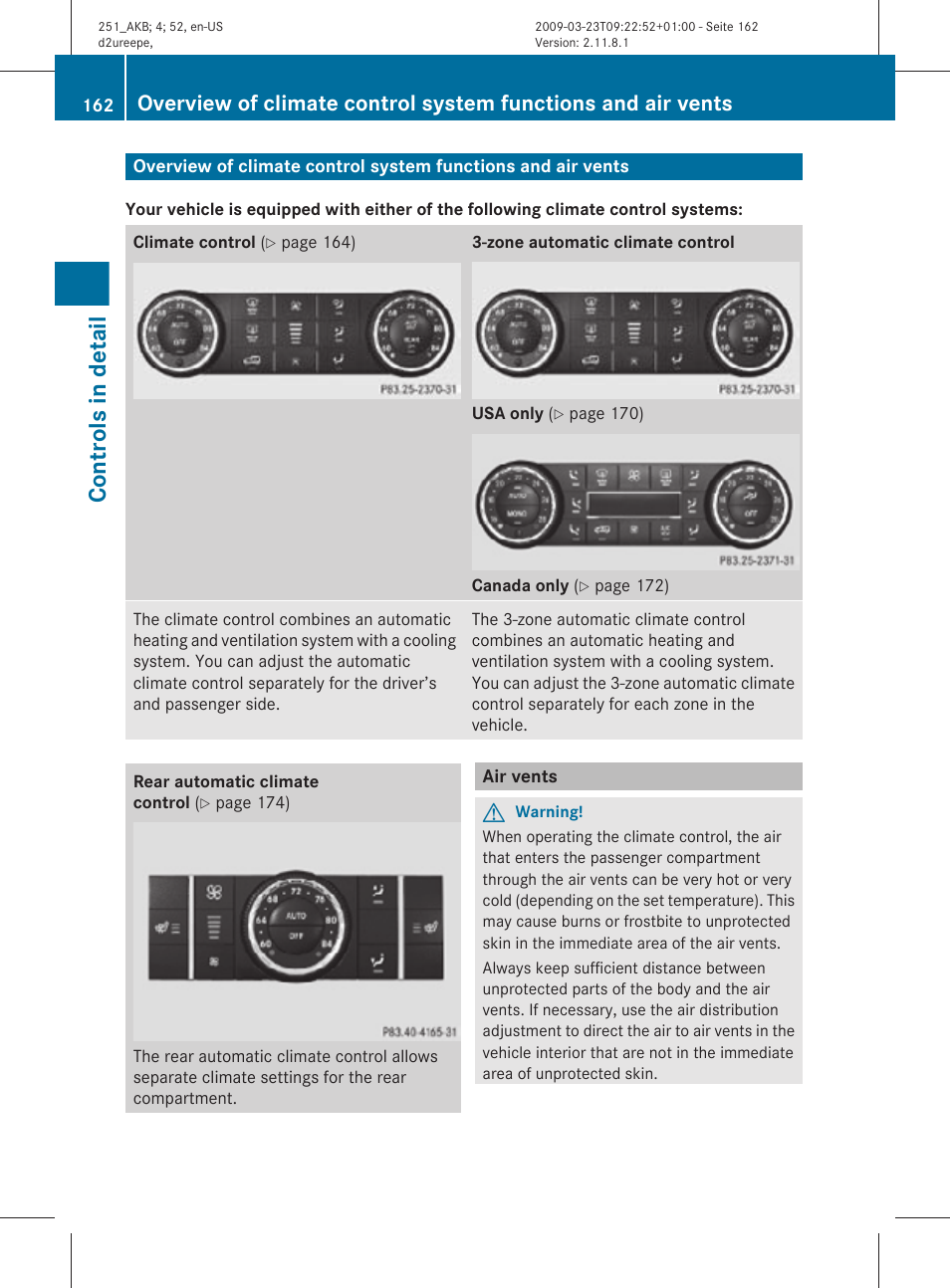 Air vents, Controls in detail | Mercedes-Benz R-Class 2010 Owners Manual User Manual | Page 164 / 364