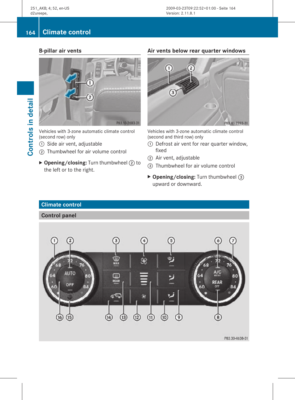 Climate control, Control panel, Controls in detail | Mercedes-Benz R-Class 2010 Owners Manual User Manual | Page 166 / 364