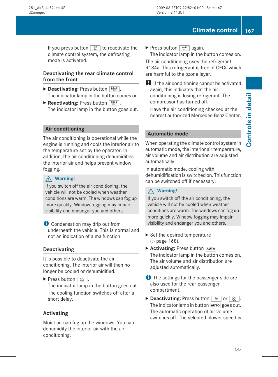 Air conditioning, Automatic mode, Controls in detail | Climate control | Mercedes-Benz R-Class 2010 Owners Manual User Manual | Page 169 / 364