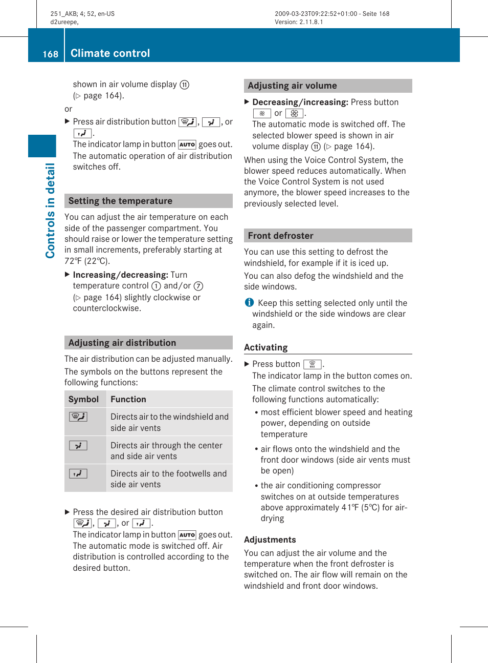 Setting the temperature, Adjusting air distribution, Adjusting air volume | Front defroster, Controls in detail, Climate control | Mercedes-Benz R-Class 2010 Owners Manual User Manual | Page 170 / 364