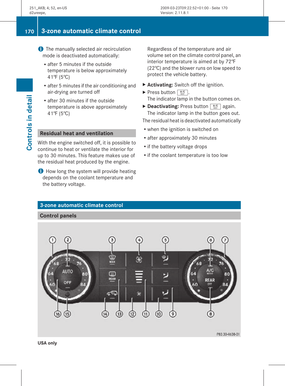 Residual heat and ventilation, Zone automatic climate control, Control panels | Controls in detail | Mercedes-Benz R-Class 2010 Owners Manual User Manual | Page 172 / 364