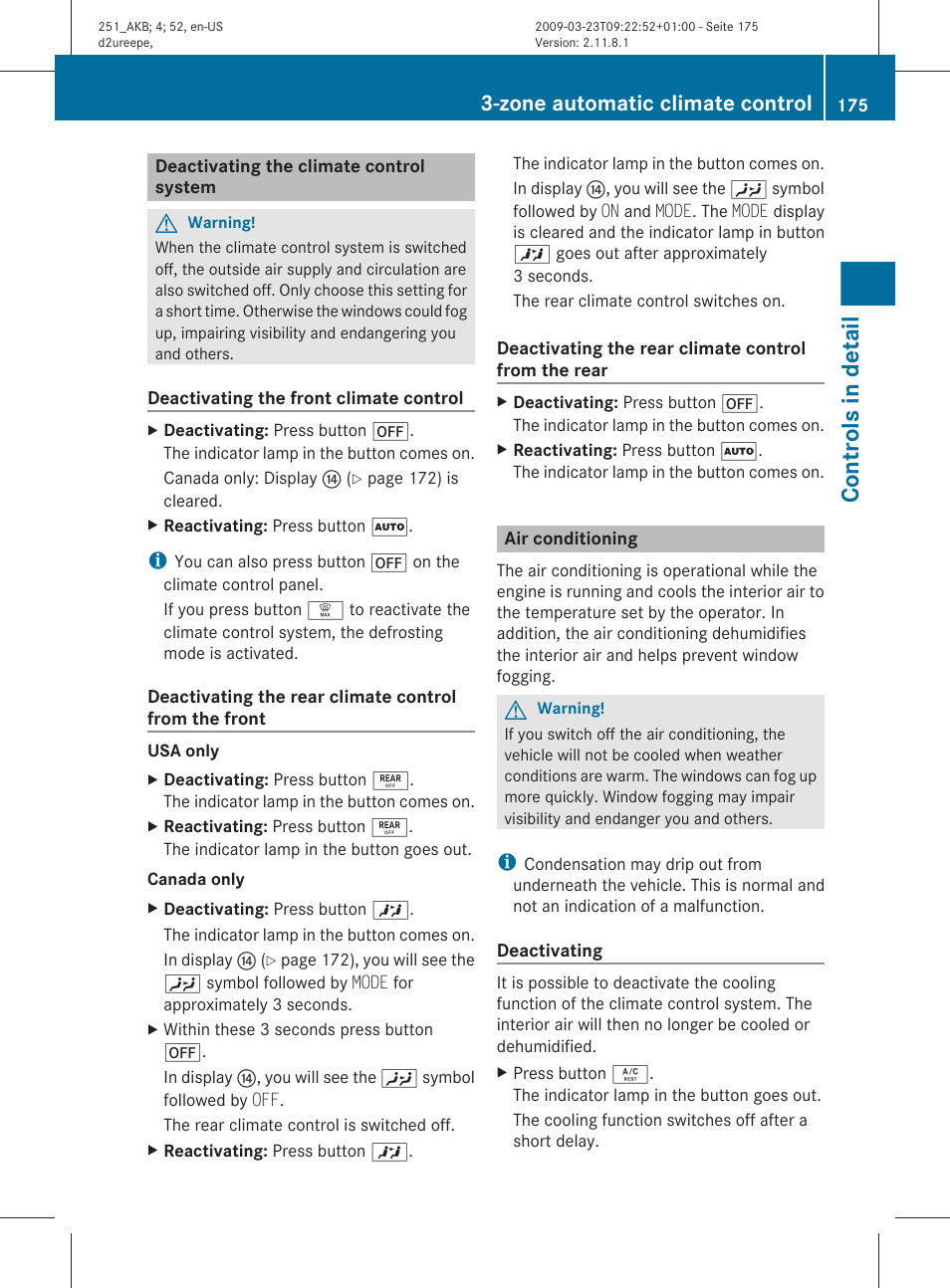 Deactivating the climate control system, Air conditioning, Controls in detail | Zone automatic climate control | Mercedes-Benz R-Class 2010 Owners Manual User Manual | Page 177 / 364