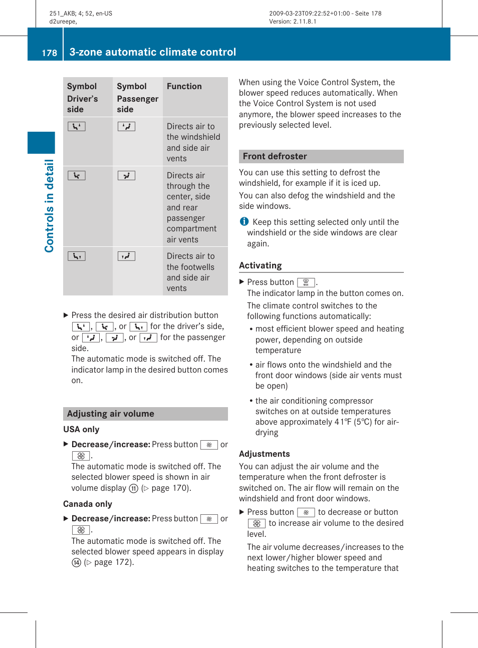 Adjusting air volume, Front defroster, Controls in detail | Zone automatic climate control | Mercedes-Benz R-Class 2010 Owners Manual User Manual | Page 180 / 364
