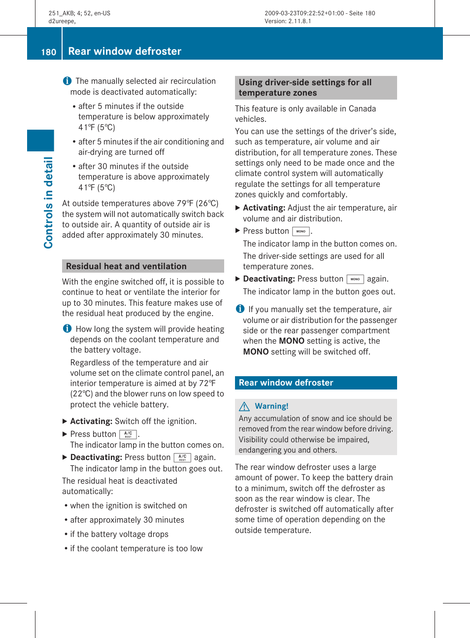 Residual heat and ventilation, Rear window defroster, Controls in detail | Mercedes-Benz R-Class 2010 Owners Manual User Manual | Page 182 / 364