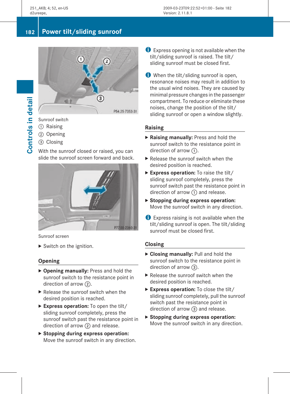 Controls in detail, Power tilt/sliding sunroof | Mercedes-Benz R-Class 2010 Owners Manual User Manual | Page 184 / 364