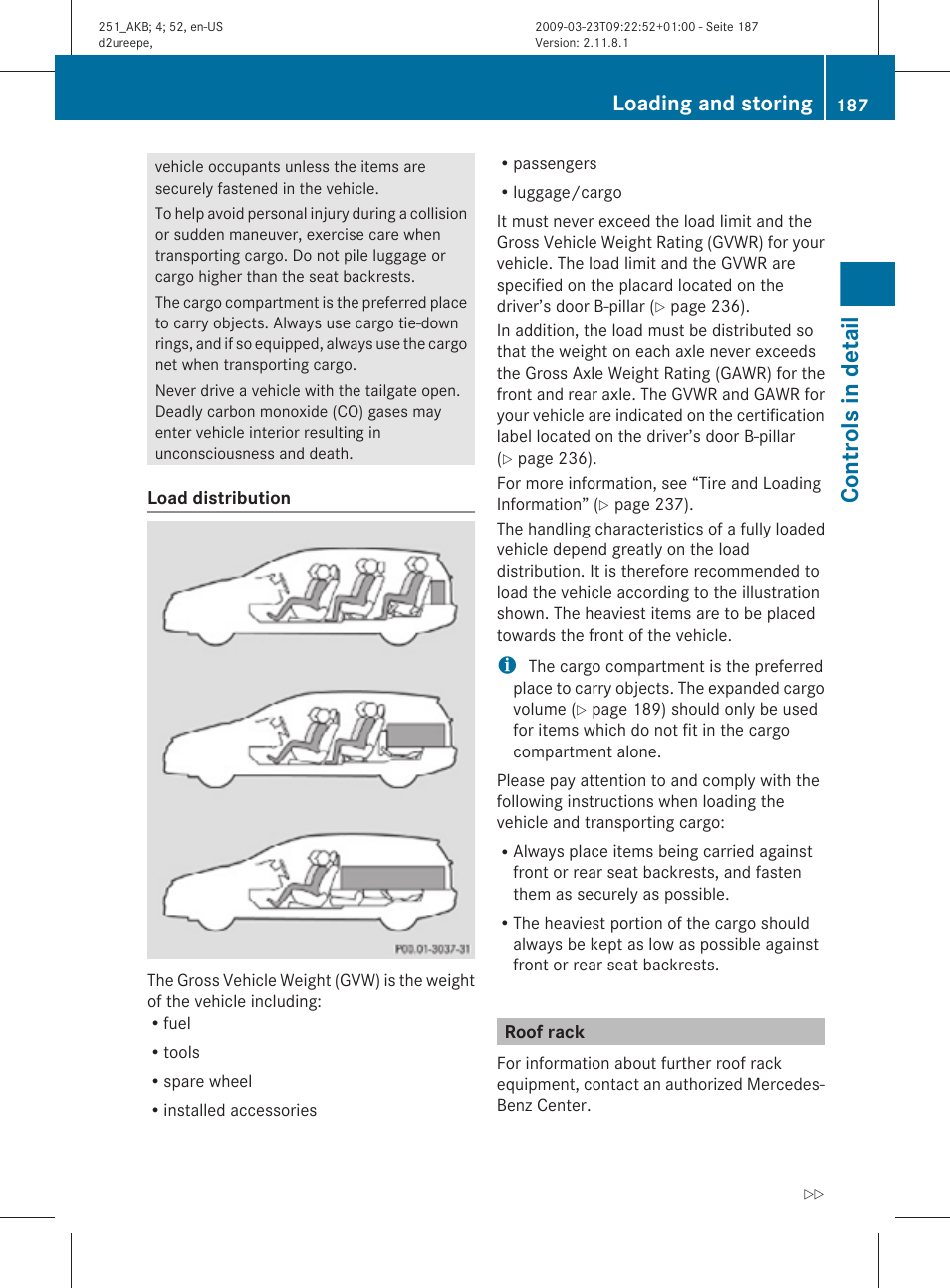 Roof rack, Controls in detail, Loading and storing | Mercedes-Benz R-Class 2010 Owners Manual User Manual | Page 189 / 364