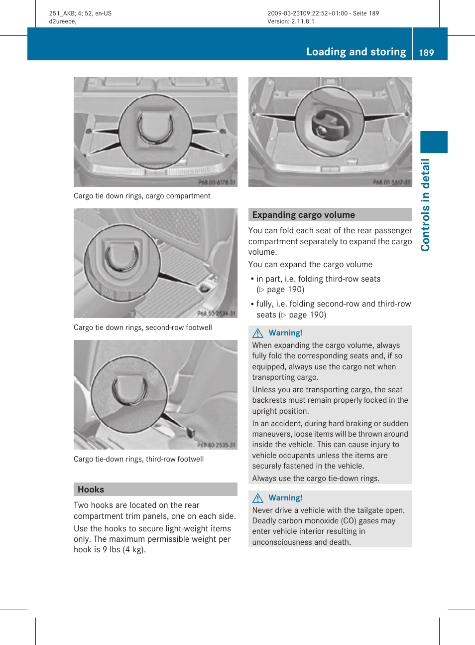 Hooks, Expanding cargo volume, Volume | Controls in detail, Loading and storing | Mercedes-Benz R-Class 2010 Owners Manual User Manual | Page 191 / 364