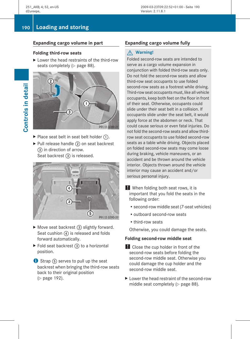 Seats, Controls in detail, Loading and storing | Mercedes-Benz R-Class 2010 Owners Manual User Manual | Page 192 / 364