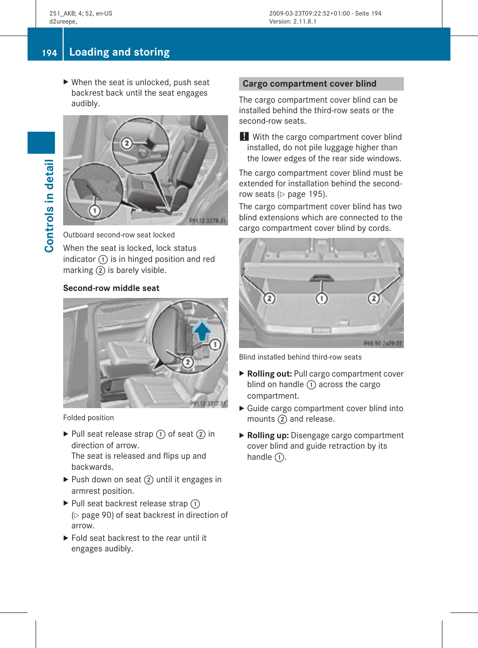 Cargo compartment cover blind, Controls in detail, Loading and storing | Mercedes-Benz R-Class 2010 Owners Manual User Manual | Page 196 / 364