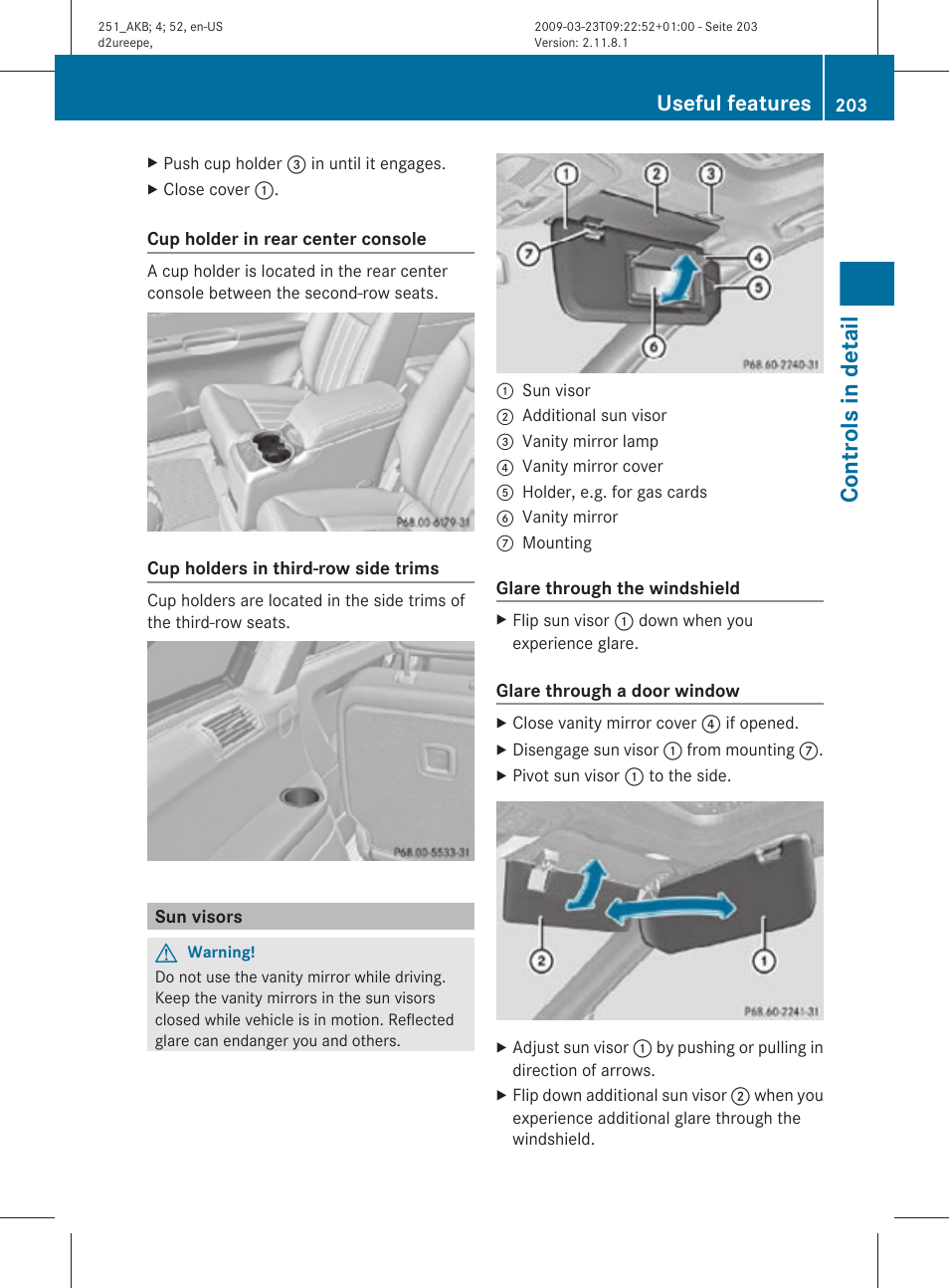 Sun visors, Controls in detail, Useful features | Mercedes-Benz R-Class 2010 Owners Manual User Manual | Page 205 / 364