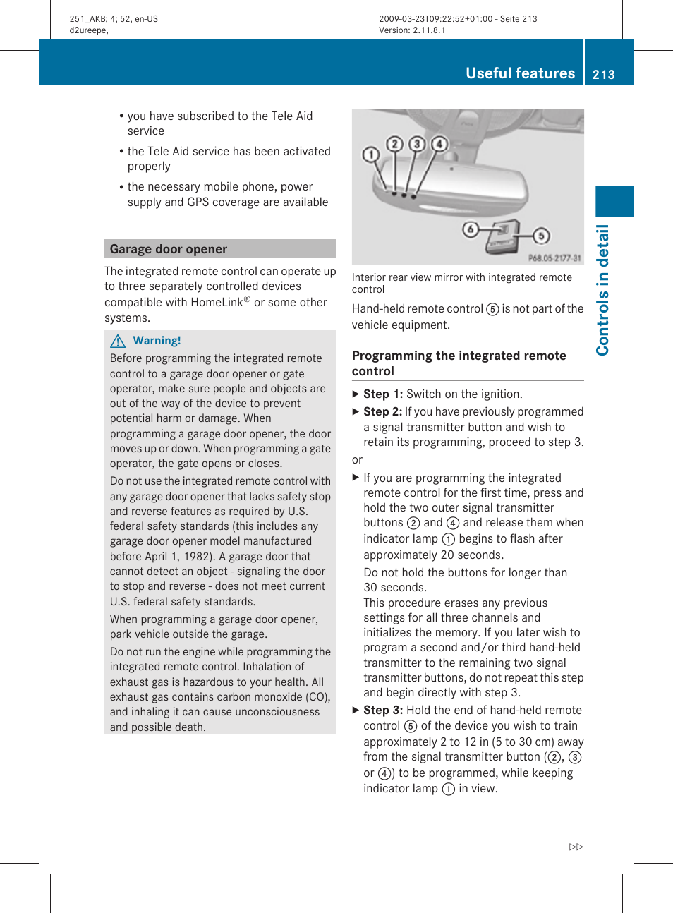 Garage door opener, Controls in detail, Useful features | Mercedes-Benz R-Class 2010 Owners Manual User Manual | Page 215 / 364