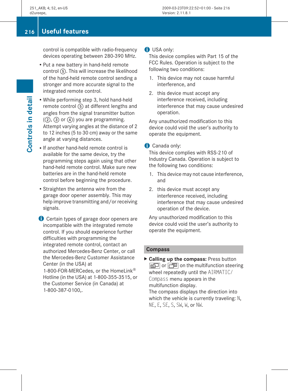 Compass, Controls in detail, Useful features | Mercedes-Benz R-Class 2010 Owners Manual User Manual | Page 218 / 364