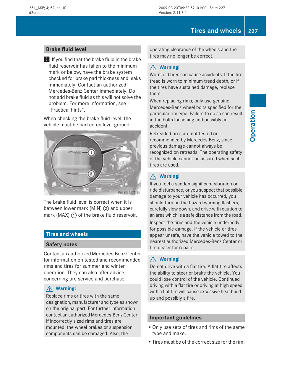 Brake fluid level, Tires and wheels, Safety notes | Important guidelines, Brake fluid, Operation | Mercedes-Benz R-Class 2010 Owners Manual User Manual | Page 229 / 364
