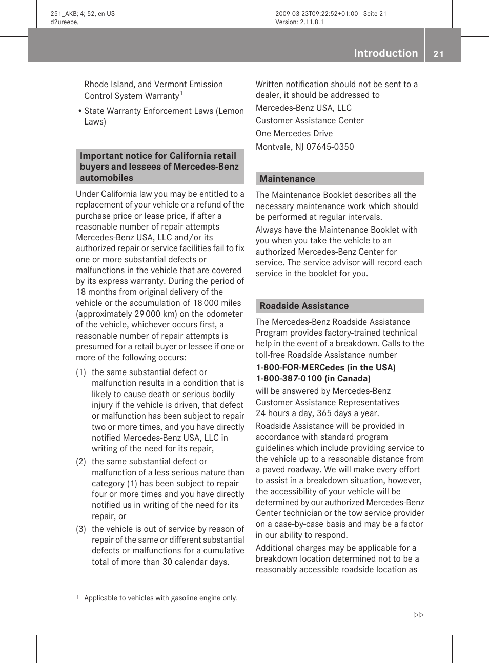 Maintenance, Roadside assistance, Introduction | Mercedes-Benz R-Class 2010 Owners Manual User Manual | Page 23 / 364