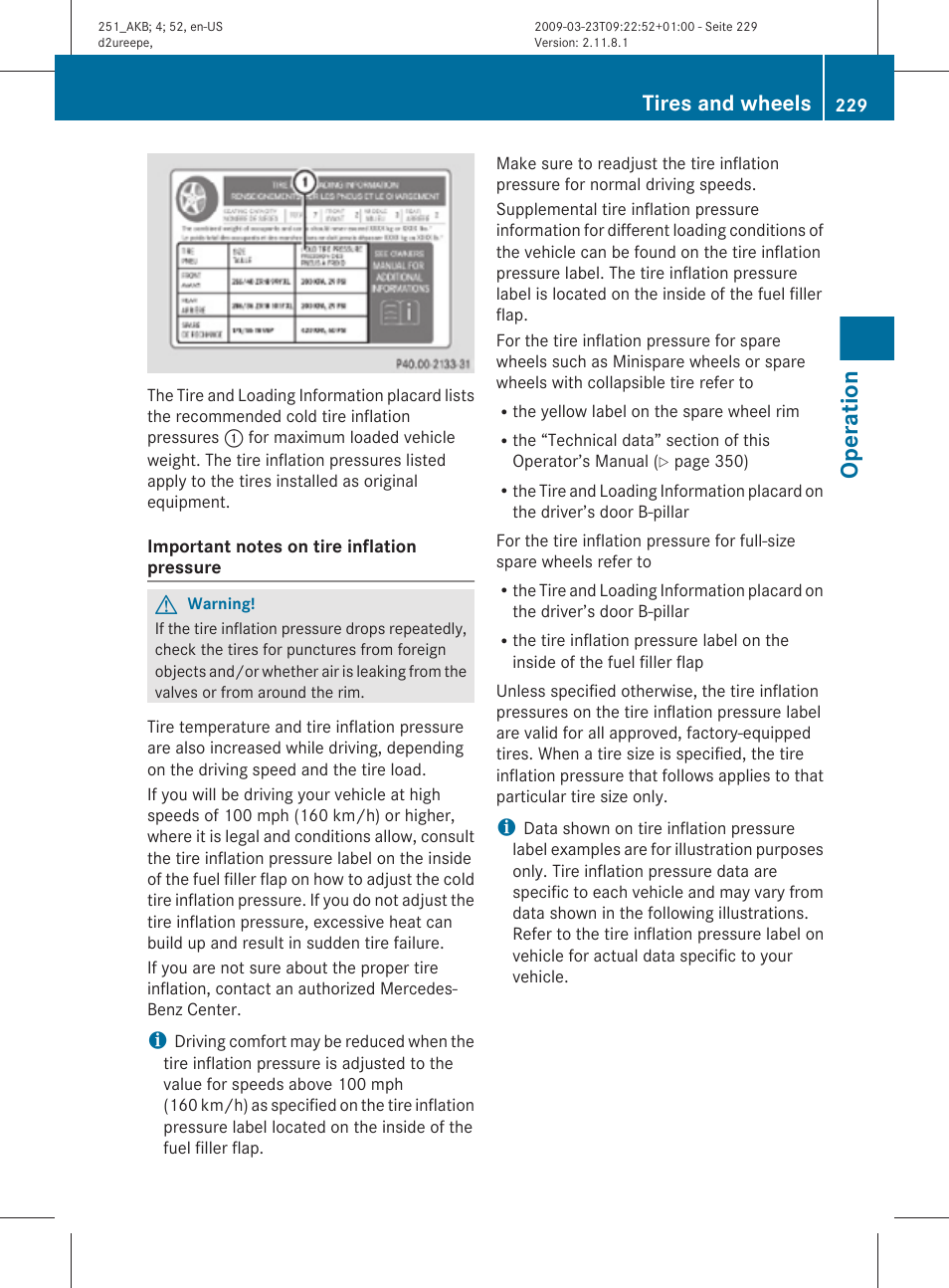 Inflation pressure, Operation, Tires and wheels | Mercedes-Benz R-Class 2010 Owners Manual User Manual | Page 231 / 364