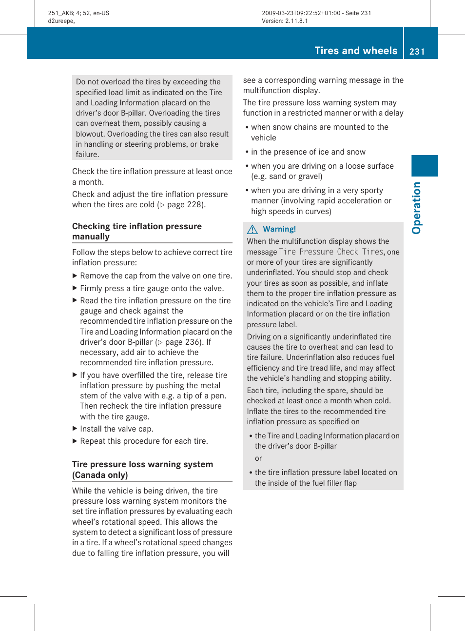 Operation, Tires and wheels | Mercedes-Benz R-Class 2010 Owners Manual User Manual | Page 233 / 364