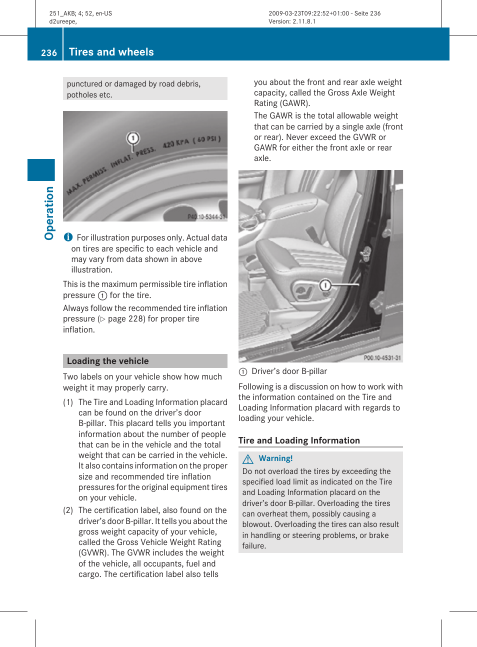 Loading the vehicle, Operation, Tires and wheels | Mercedes-Benz R-Class 2010 Owners Manual User Manual | Page 238 / 364