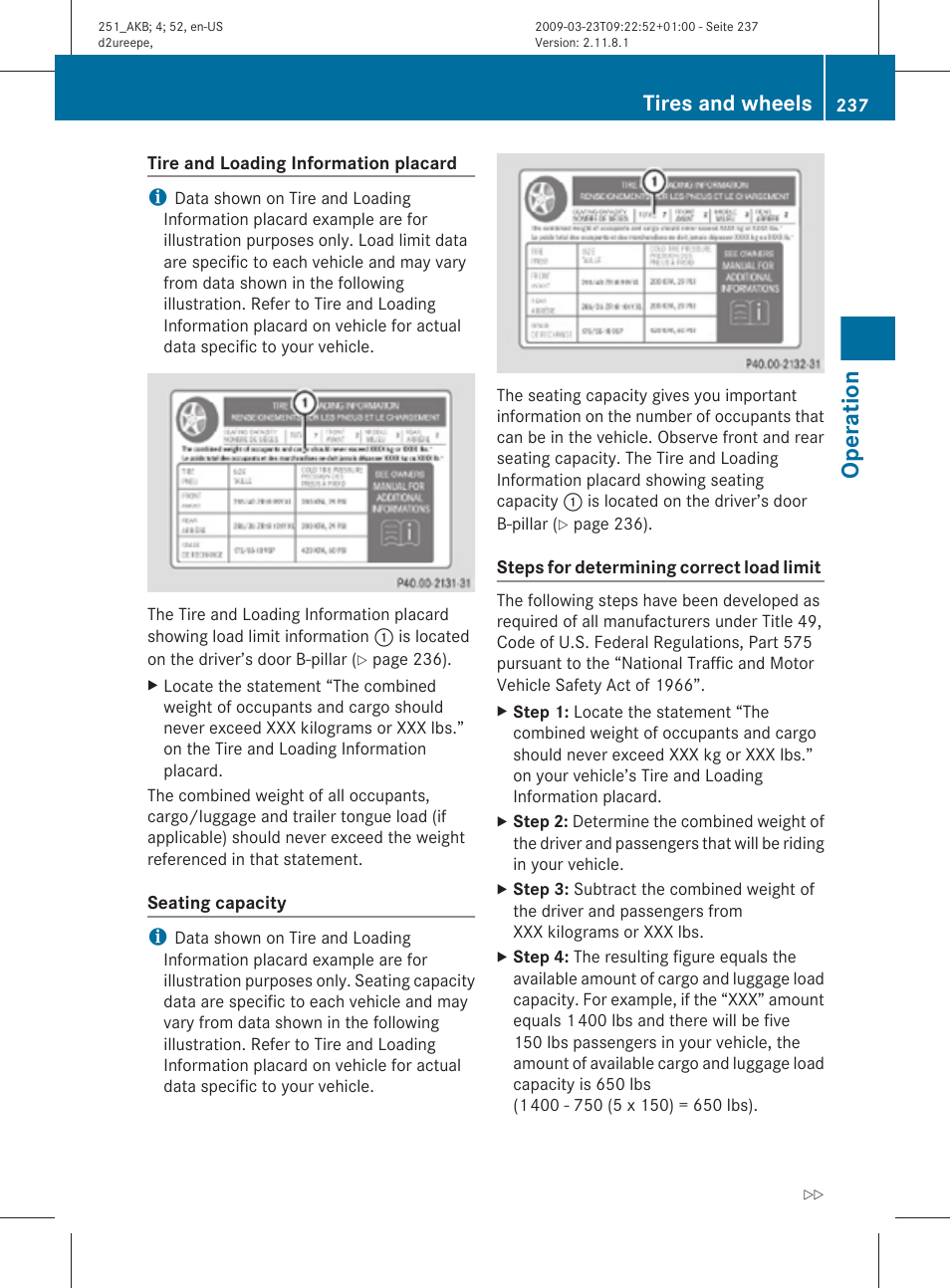 Information, Operation, Tires and wheels | Mercedes-Benz R-Class 2010 Owners Manual User Manual | Page 239 / 364