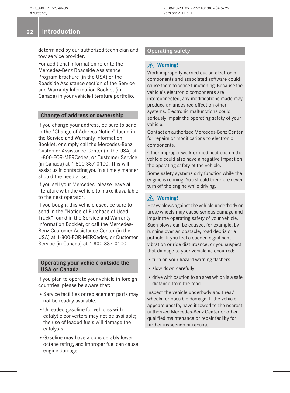 Change of address or ownership, Operating your vehicle outside the usa or canada, Operating safety | Introduction | Mercedes-Benz R-Class 2010 Owners Manual User Manual | Page 24 / 364