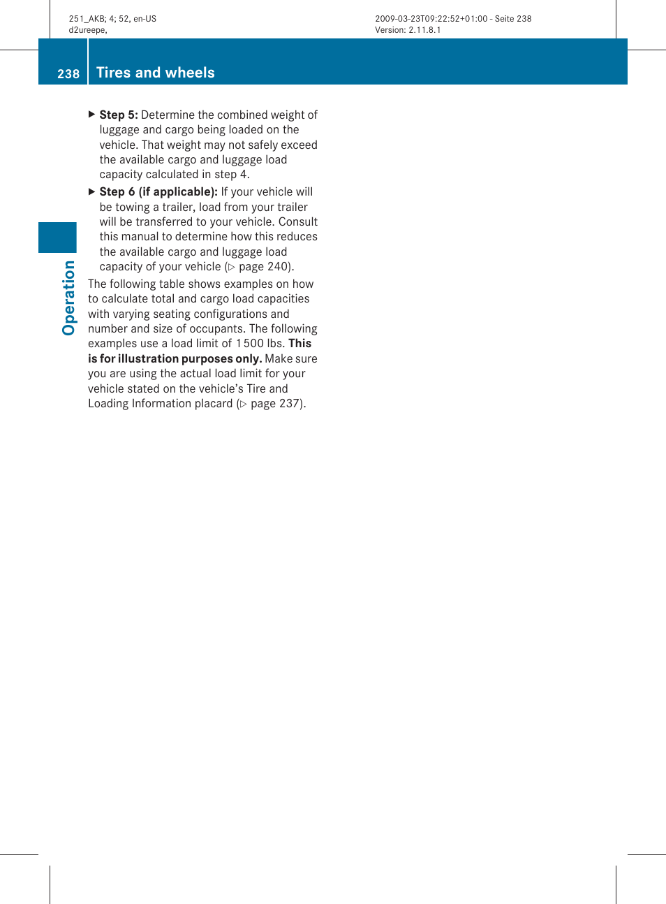 Operation, Tires and wheels | Mercedes-Benz R-Class 2010 Owners Manual User Manual | Page 240 / 364