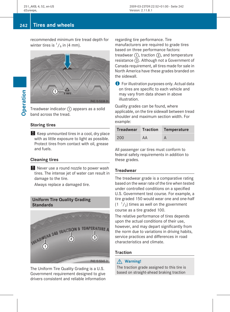 Uniform tire quality grading standards, Operation, Tires and wheels | Mercedes-Benz R-Class 2010 Owners Manual User Manual | Page 244 / 364