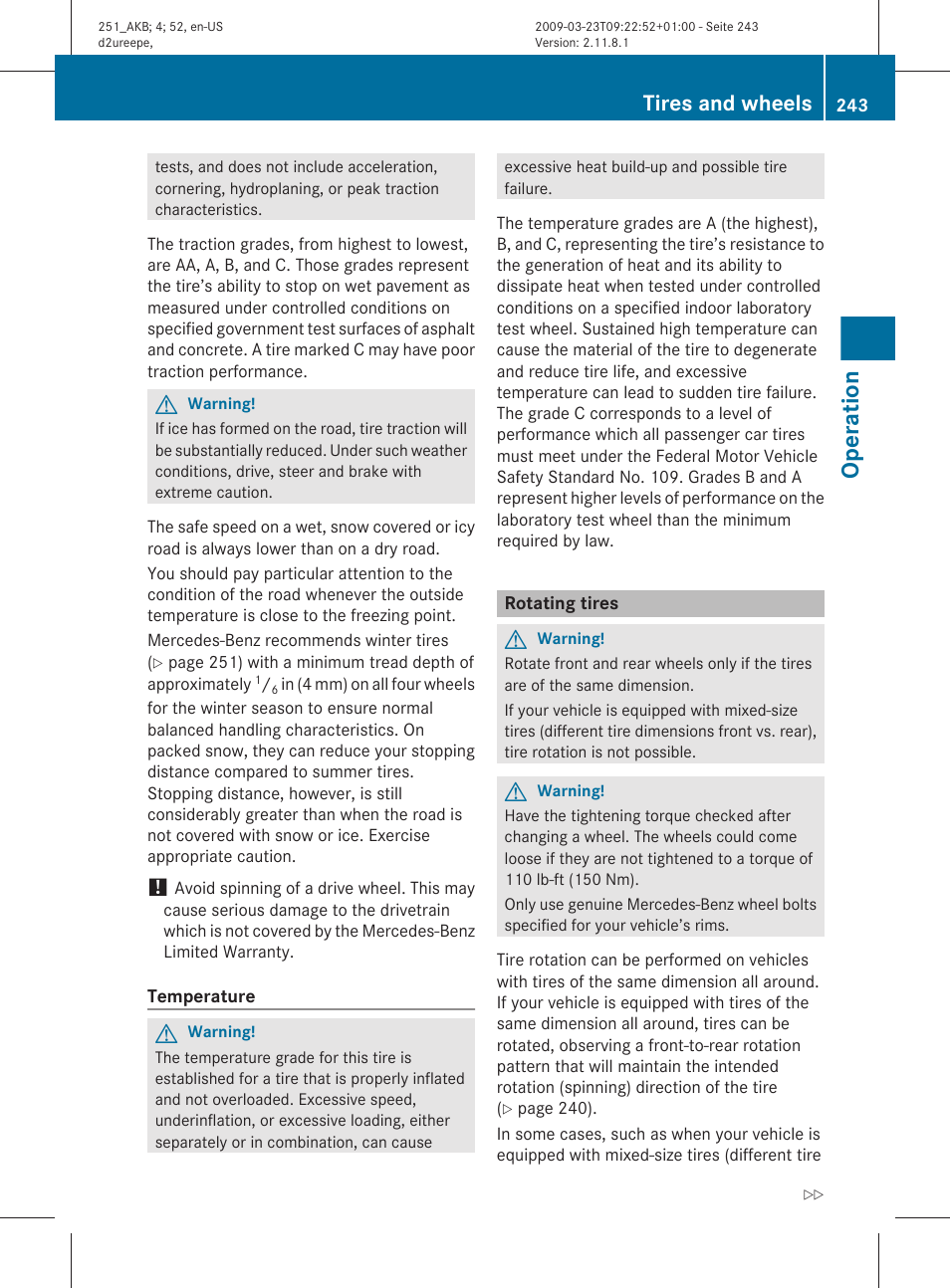 Rotating tires, Operation, Tires and wheels | Mercedes-Benz R-Class 2010 Owners Manual User Manual | Page 245 / 364