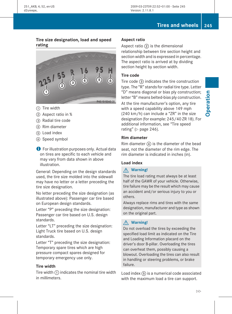 Rating, Operation, Tires and wheels | Mercedes-Benz R-Class 2010 Owners Manual User Manual | Page 247 / 364