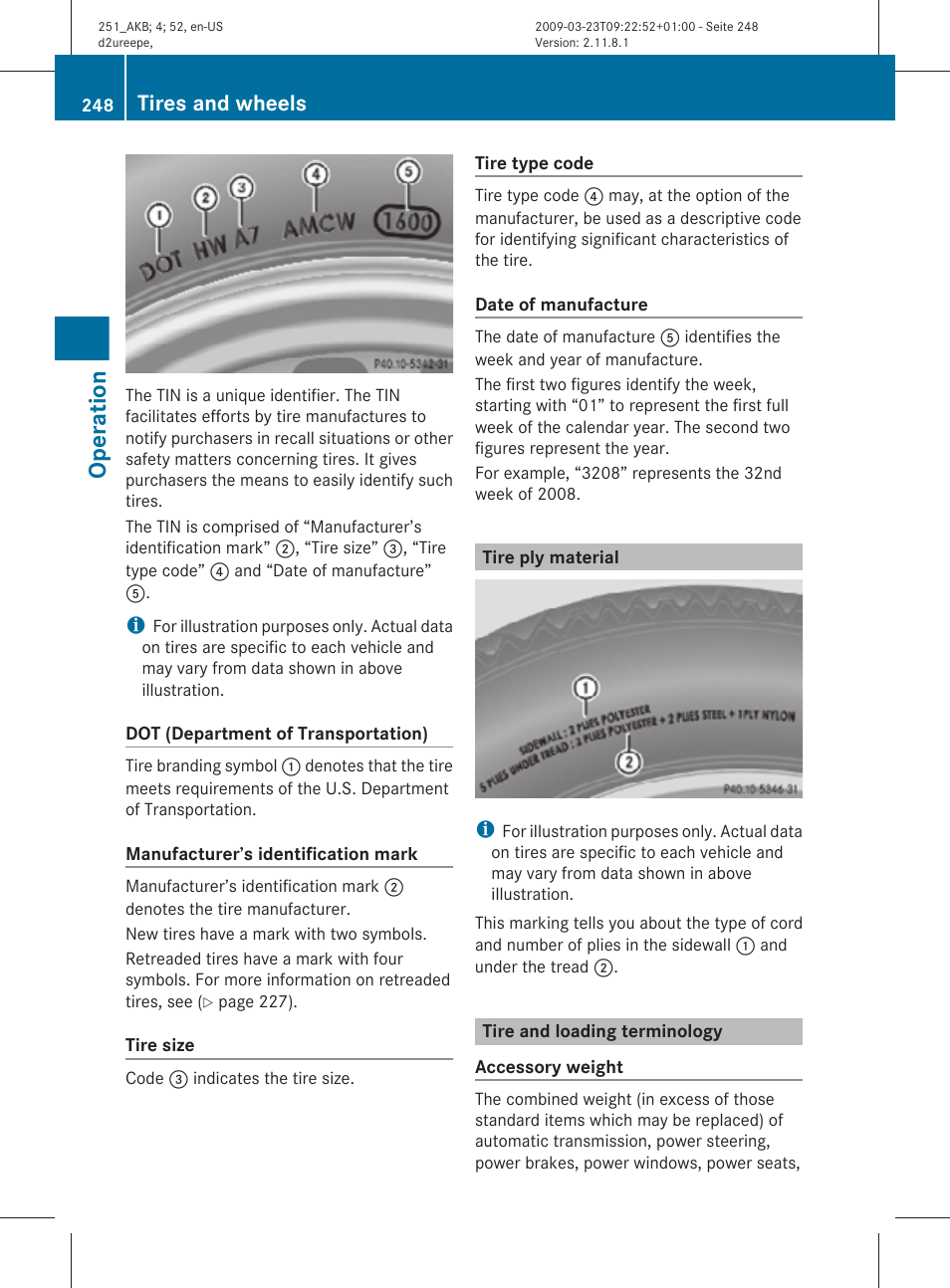 Tire ply material, Tire and loading terminology, Operation | Tires and wheels | Mercedes-Benz R-Class 2010 Owners Manual User Manual | Page 250 / 364