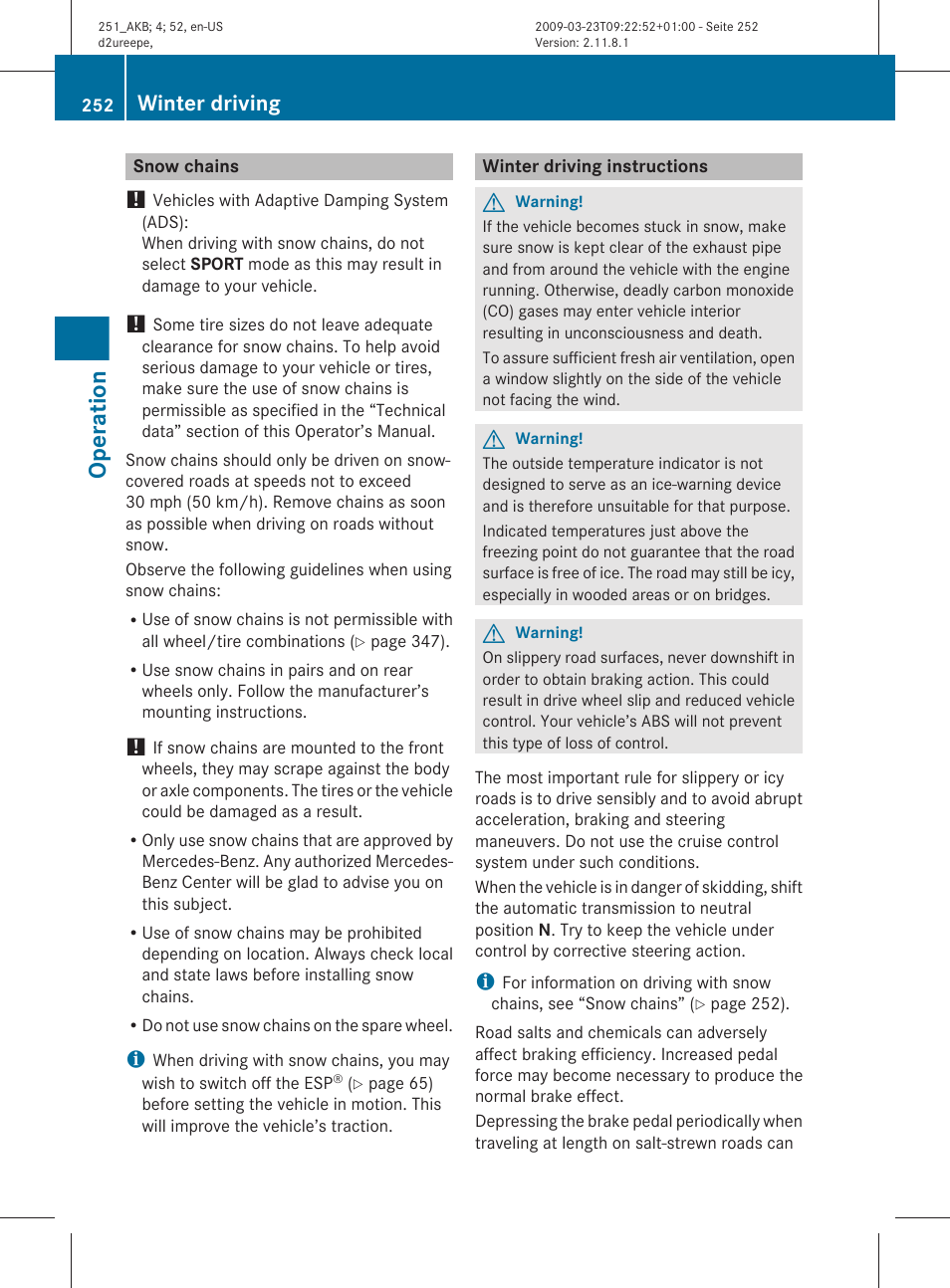 Snow chains, Winter driving instructions, Operation | Winter driving | Mercedes-Benz R-Class 2010 Owners Manual User Manual | Page 254 / 364