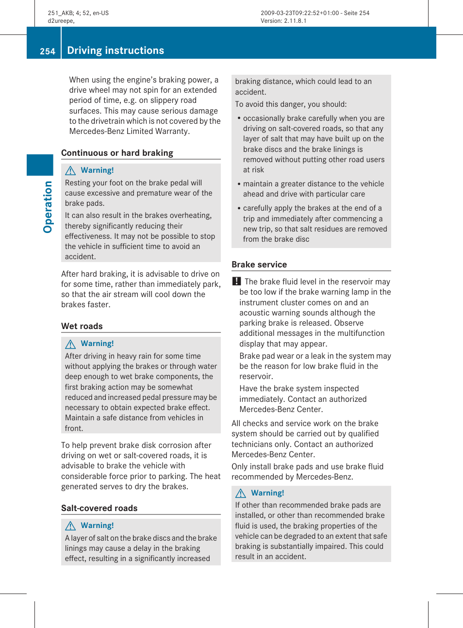 Operation, Driving instructions | Mercedes-Benz R-Class 2010 Owners Manual User Manual | Page 256 / 364