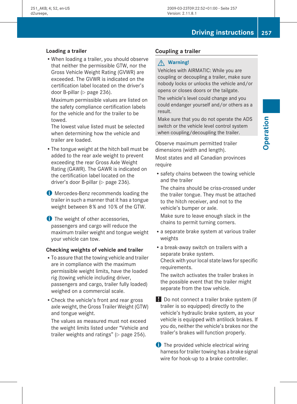 Operation, Driving instructions | Mercedes-Benz R-Class 2010 Owners Manual User Manual | Page 259 / 364