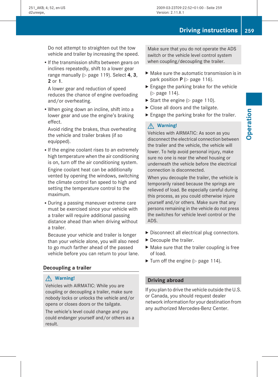 Driving abroad, Operation, Driving instructions | Mercedes-Benz R-Class 2010 Owners Manual User Manual | Page 261 / 364