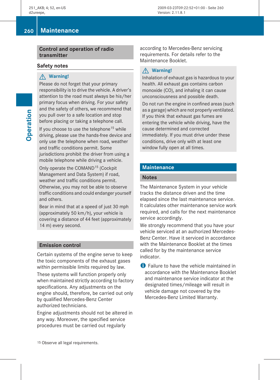 Control and operation of radio transmitter, Emission control, Maintenance | Notes, Operation | Mercedes-Benz R-Class 2010 Owners Manual User Manual | Page 262 / 364