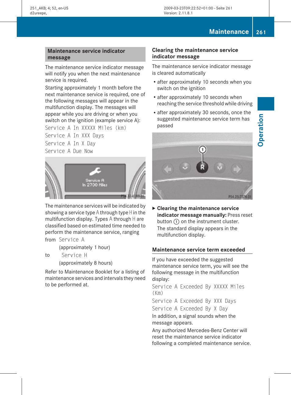 Maintenance service indicator message, Operation, Maintenance | Mercedes-Benz R-Class 2010 Owners Manual User Manual | Page 263 / 364