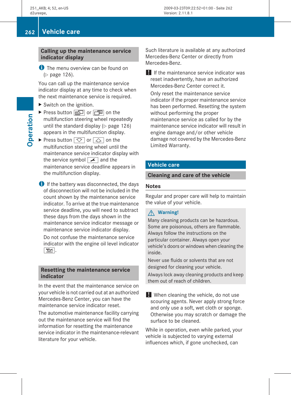Resetting the maintenance service indicator, Vehicle care, Cleaning and care of the vehicle | Operation | Mercedes-Benz R-Class 2010 Owners Manual User Manual | Page 264 / 364