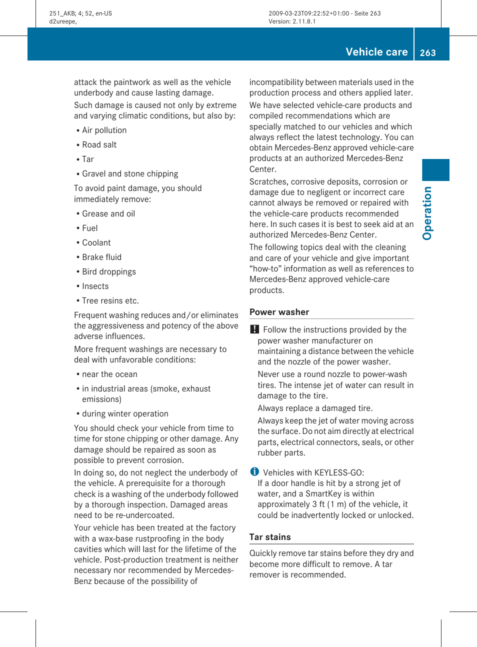 Operation, Vehicle care | Mercedes-Benz R-Class 2010 Owners Manual User Manual | Page 265 / 364