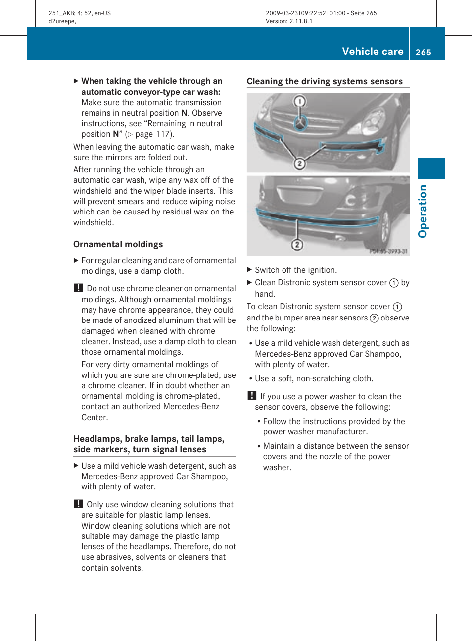 Sensor cover, see, Operation, Vehicle care | Mercedes-Benz R-Class 2010 Owners Manual User Manual | Page 267 / 364