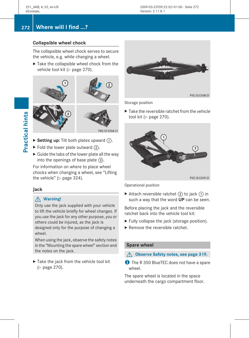 Spare wheel, Practical hints, Where will i find | Mercedes-Benz R-Class 2010 Owners Manual User Manual | Page 274 / 364