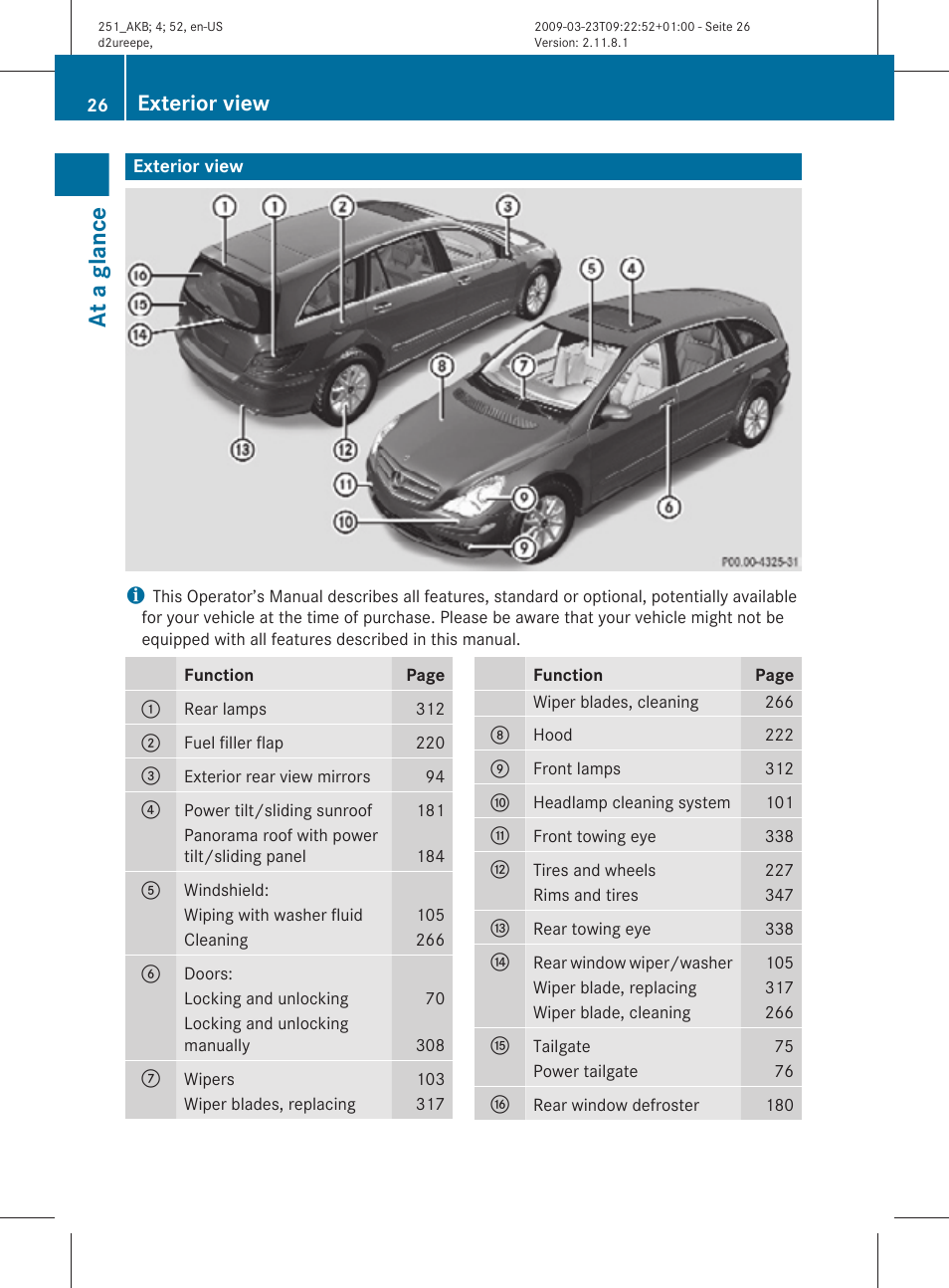 At a glance, Exterior view | Mercedes-Benz R-Class 2010 Owners Manual User Manual | Page 28 / 364