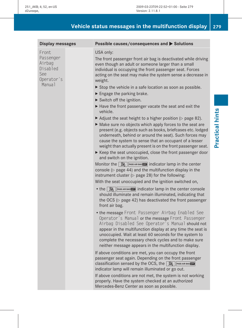Practical hints | Mercedes-Benz R-Class 2010 Owners Manual User Manual | Page 281 / 364