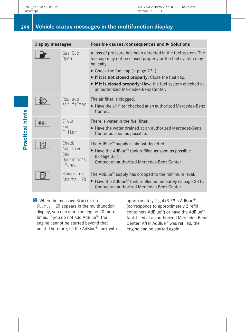 Practical hints | Mercedes-Benz R-Class 2010 Owners Manual User Manual | Page 296 / 364
