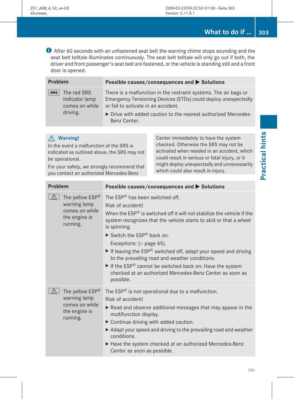 Practical hints, What to do if | Mercedes-Benz R-Class 2010 Owners Manual User Manual | Page 305 / 364