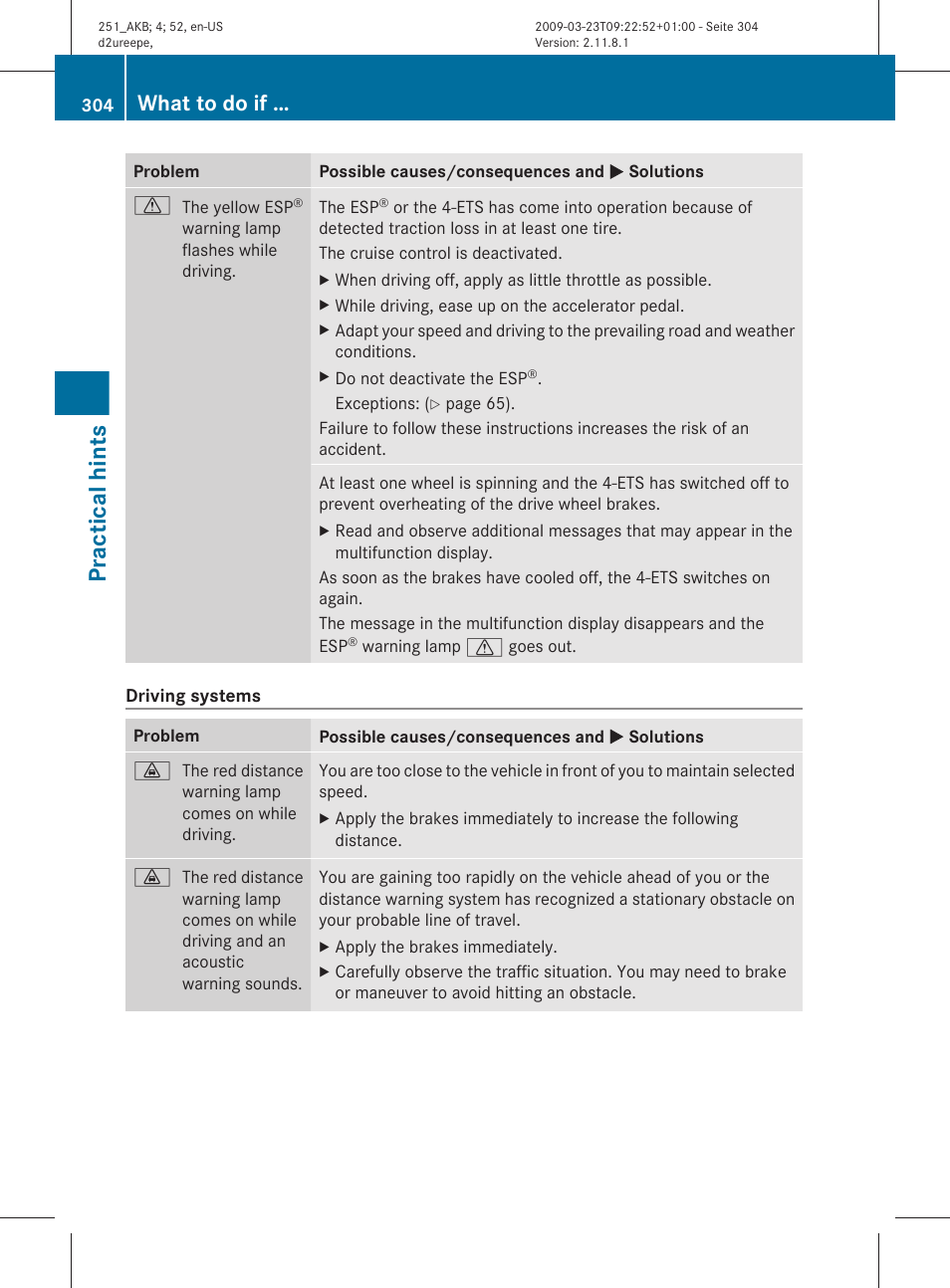 Practical hints, What to do if | Mercedes-Benz R-Class 2010 Owners Manual User Manual | Page 306 / 364