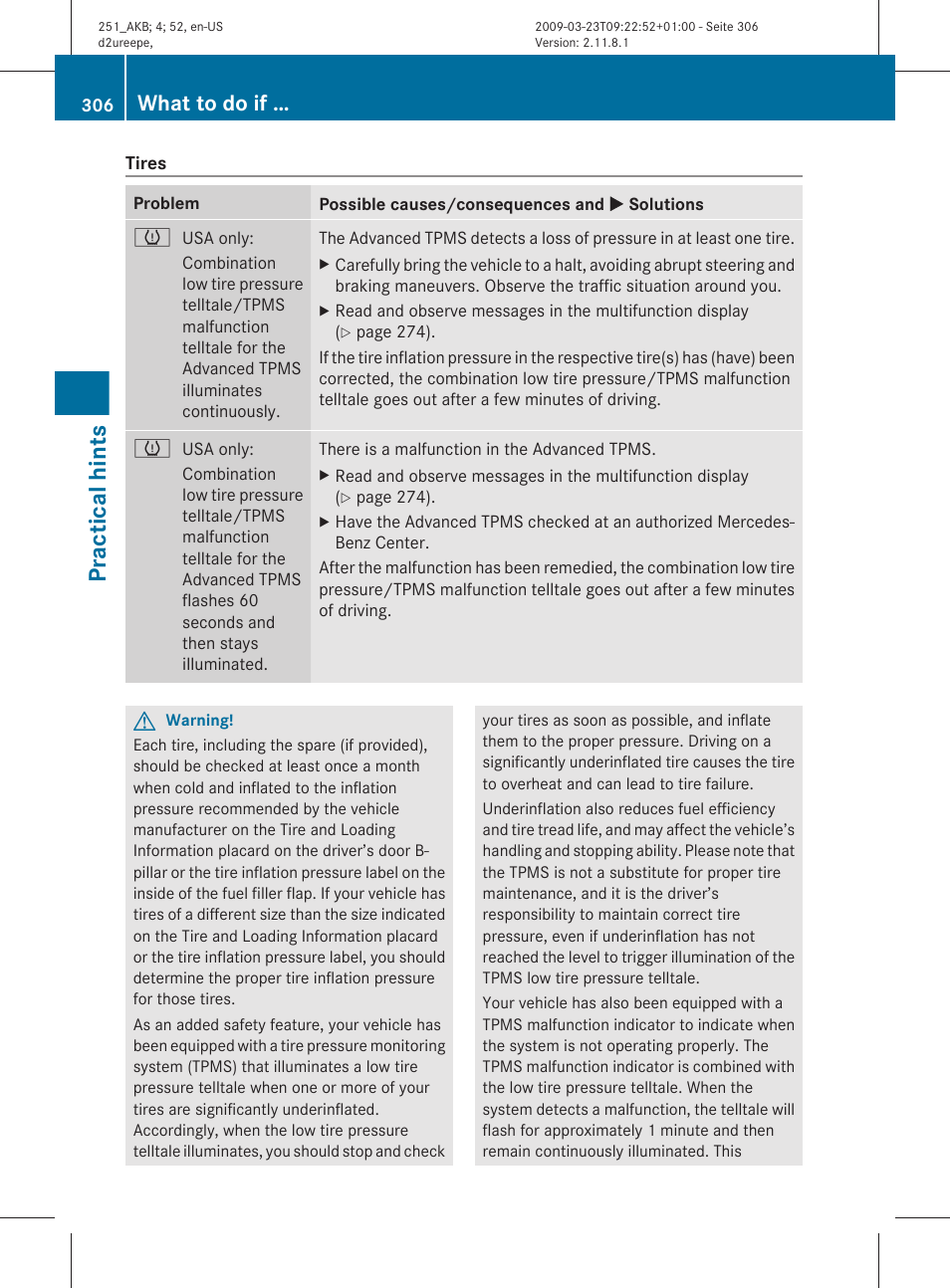 Practical hints, What to do if | Mercedes-Benz R-Class 2010 Owners Manual User Manual | Page 308 / 364