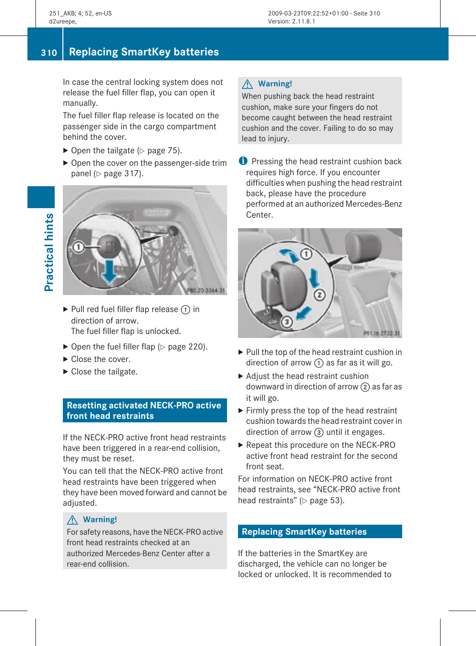 Replacing smartkey batteries, Practical hints | Mercedes-Benz R-Class 2010 Owners Manual User Manual | Page 312 / 364