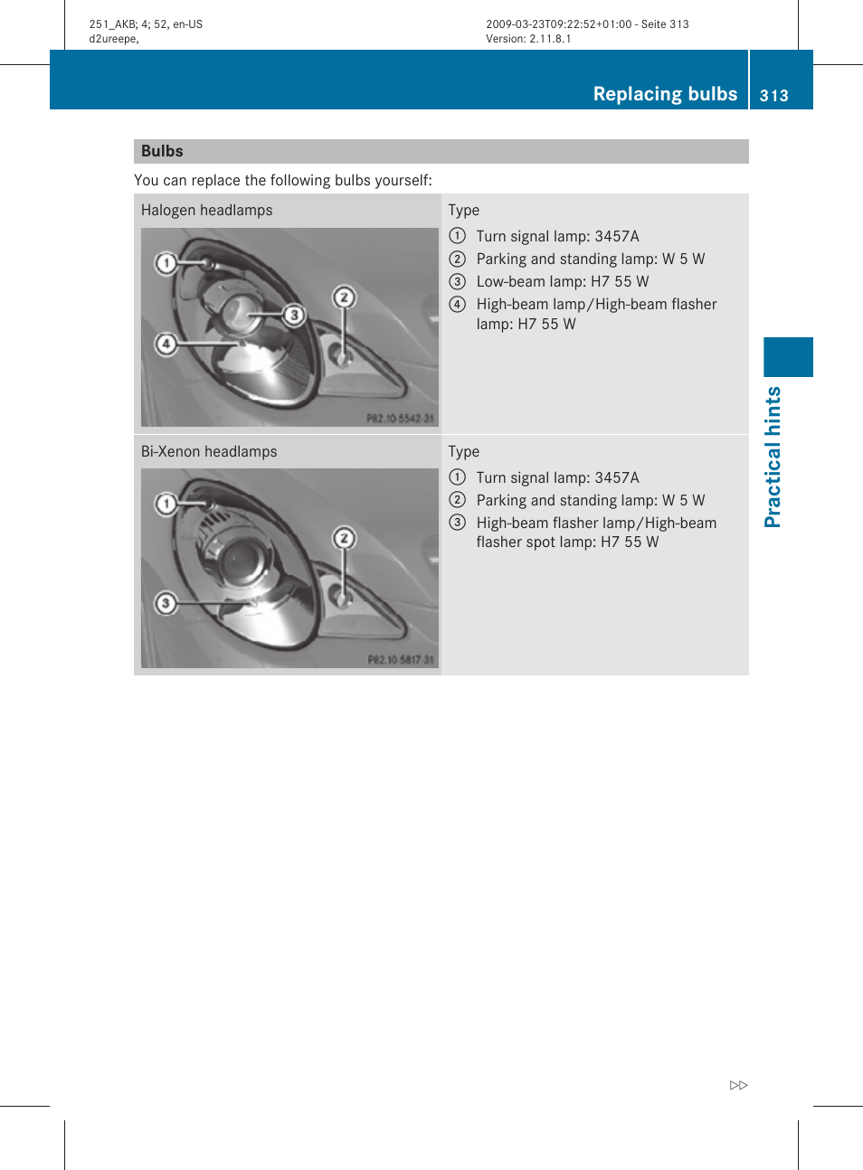 Bulbs, Vehicle lighting, Practical hints | Replacing bulbs | Mercedes-Benz R-Class 2010 Owners Manual User Manual | Page 315 / 364