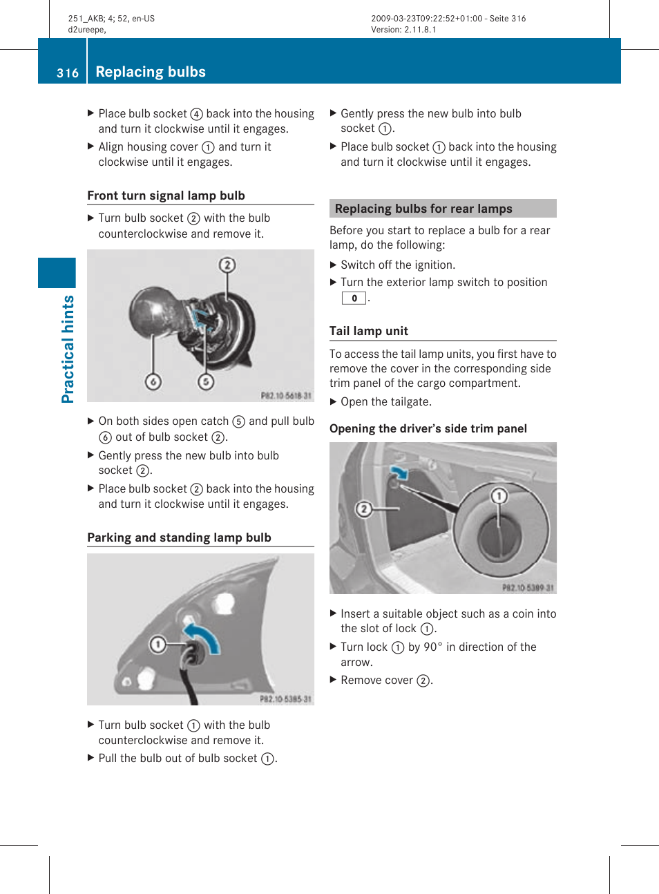 Replacing bulbs for rear lamps, Practical hints, Replacing bulbs | Mercedes-Benz R-Class 2010 Owners Manual User Manual | Page 318 / 364