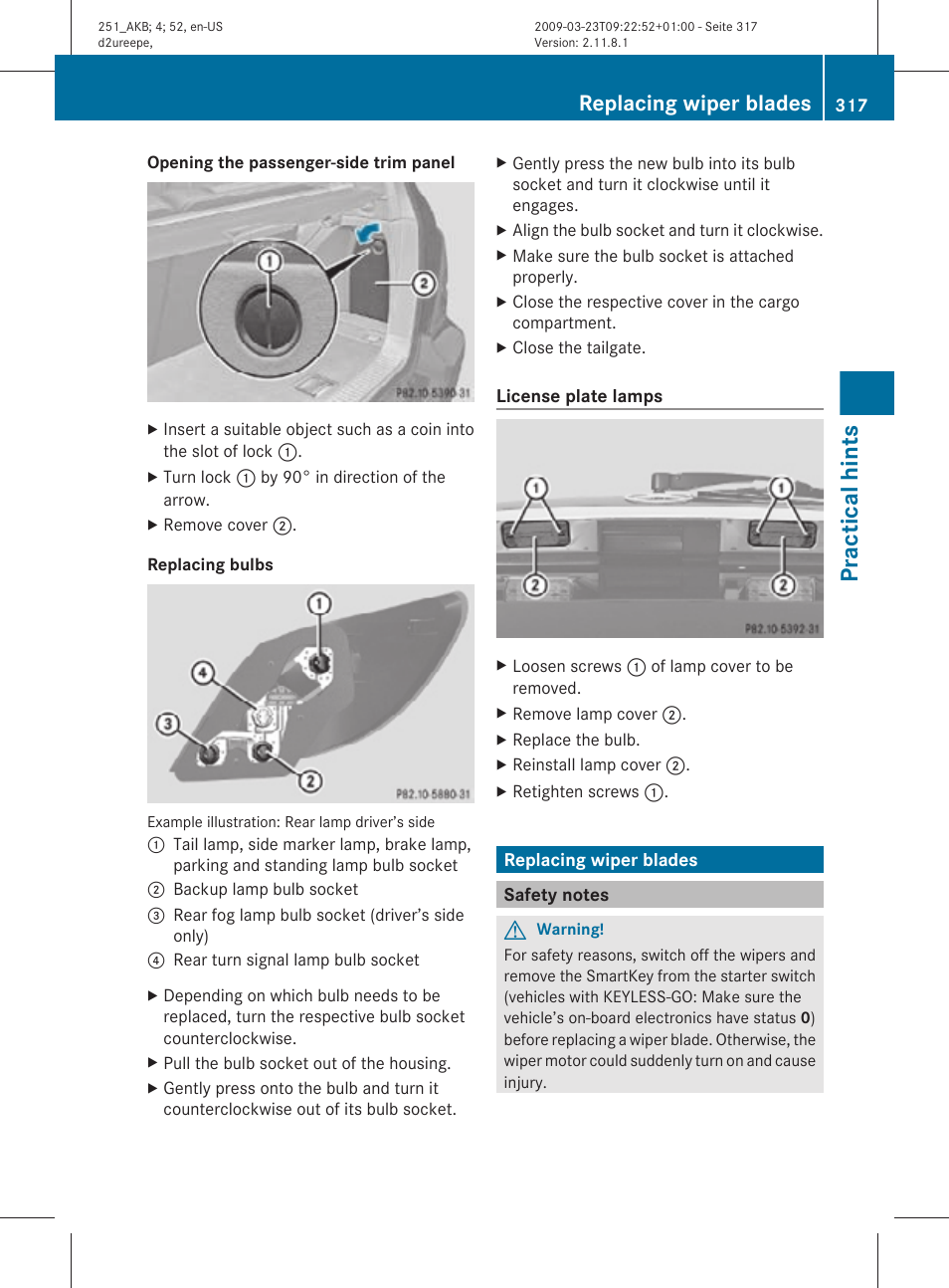 Replacing wiper blades, Safety notes, Panel | Practical hints | Mercedes-Benz R-Class 2010 Owners Manual User Manual | Page 319 / 364