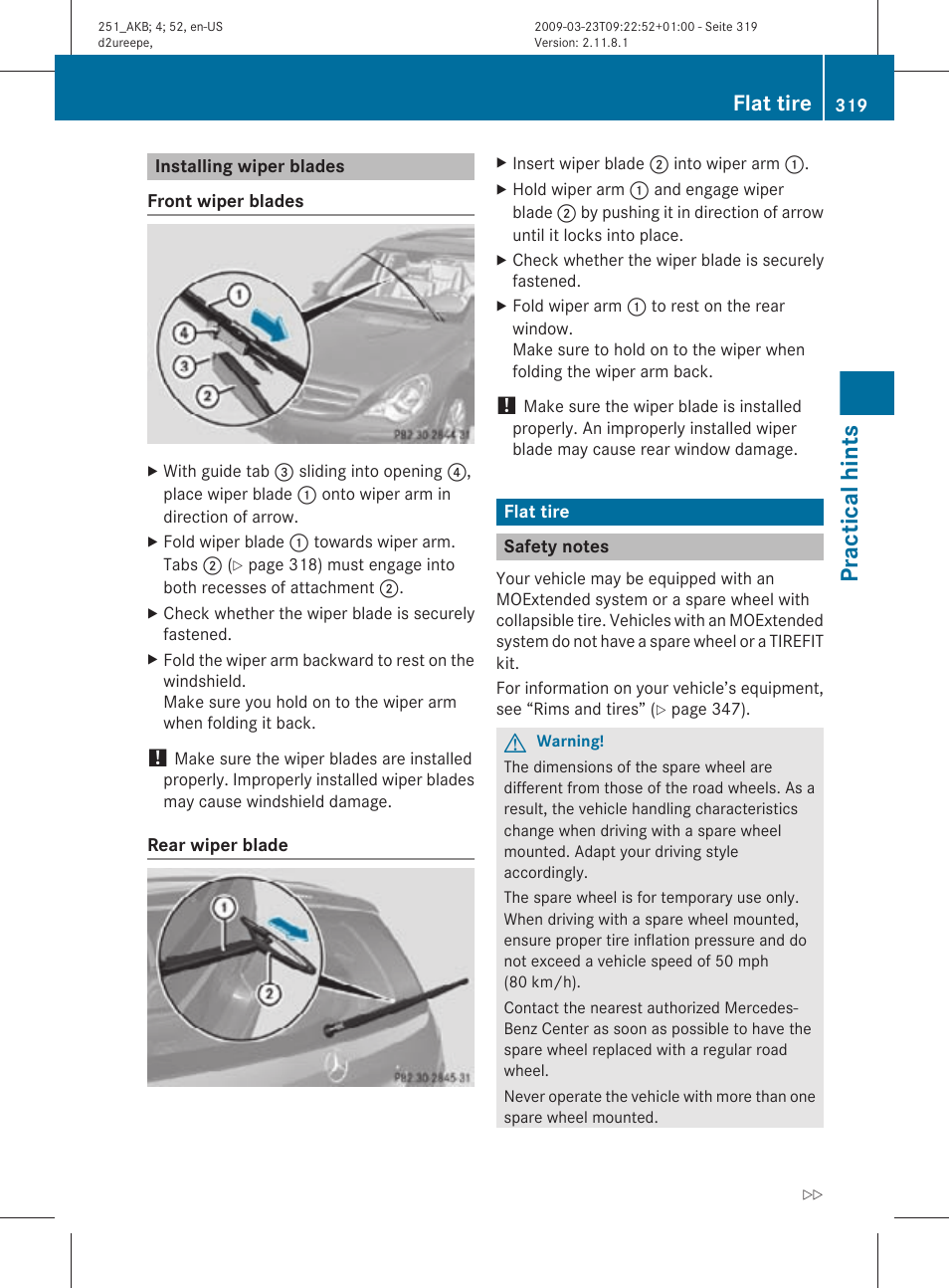 Installing wiper blades, Flat tire, Safety notes | Tire, See “flat tire, If necessary, change the wheel, Practical hints | Mercedes-Benz R-Class 2010 Owners Manual User Manual | Page 321 / 364